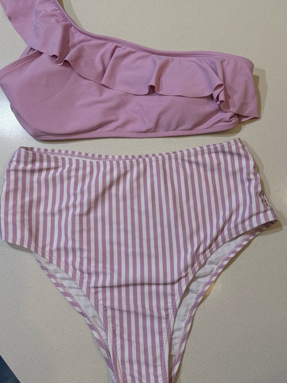 Purple Ruffled One-Shoulder Bikini Top with Striped High-Waist Bottom AM